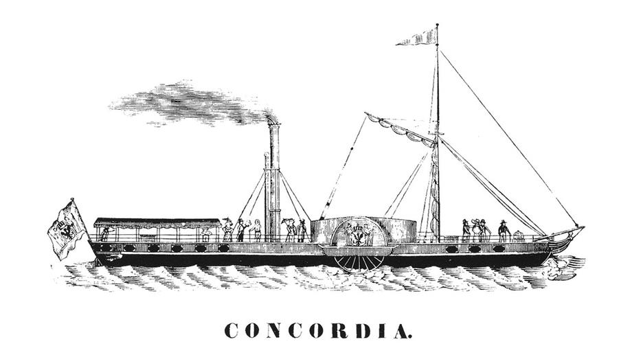 Darstellung des ersten Dampfers auf dem Rhein, der „Concordia“, welcher seit 1827 die Strecke zwischen Mainz und Köln befuhr.