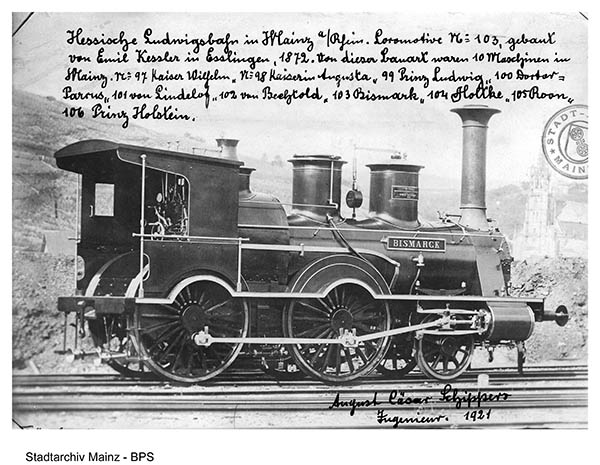 Lokomotive No. 103 (Bismarck) der Hessischen Ludwigsbahn, gebaut von Emil Kessler in Esslingen, 1872.