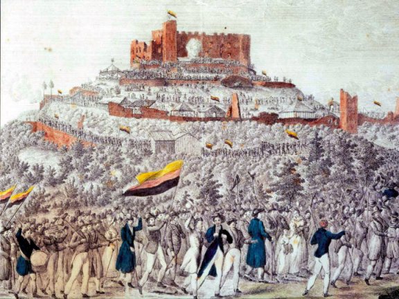 Der Zug zum Hambacher Schloss. Teilkolorierte Federzeichnung von 1832.