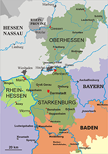 Die drei Provinzen Oberhessen, Starkenburg und Rheinhessen, des Volksstaats Hessen. Die Karte zeigt den Zustand von 1930.