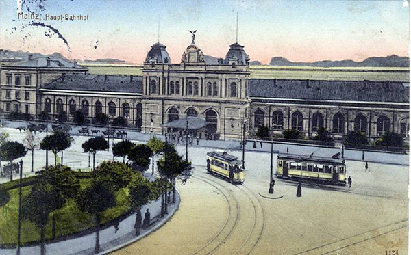 Postkarte des Mainzer Hauptbahnhofs aus dem Jahr 1913.