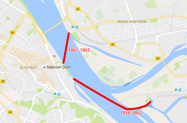 Karte mit der Route der Schifffahrtstrajekte über den Rhein.