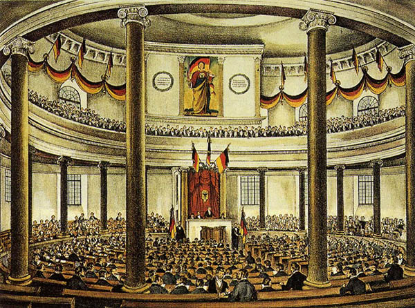 Zeitgenössige Lithografie der Nationalversammlung in der Paulskirche von Leo von Elliott.